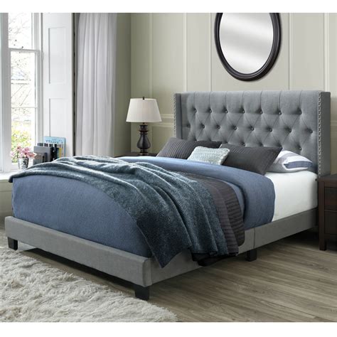 black metal frame bed with grey fabric headboard|black upholstered headboard and frame.